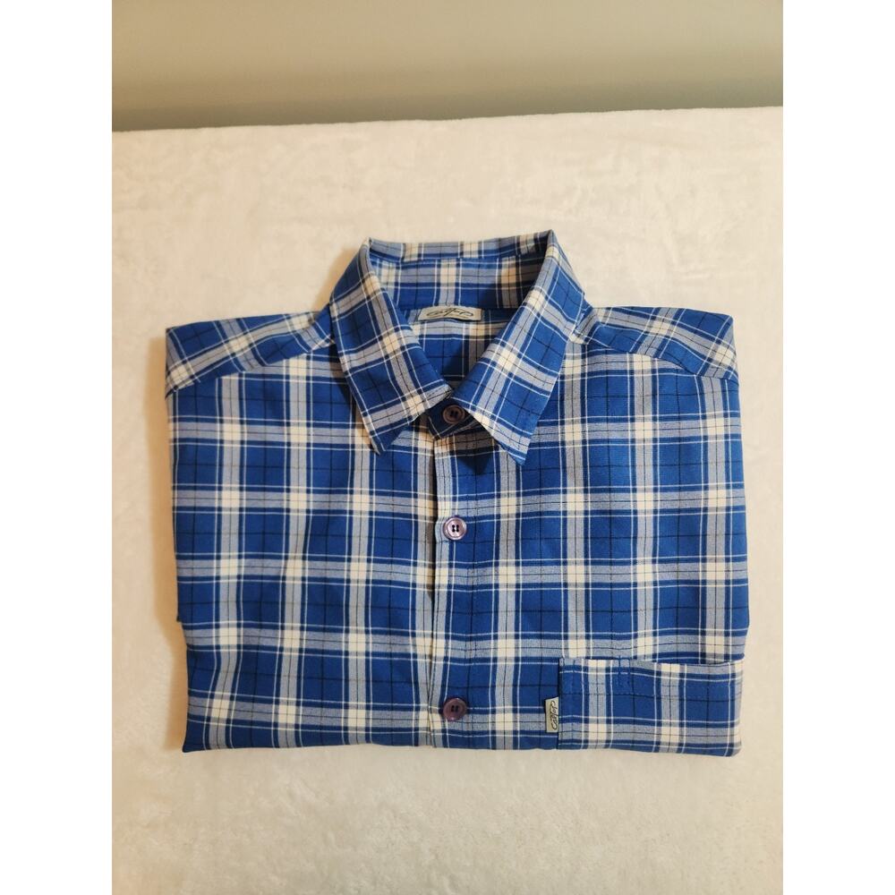 CalTop Shirt Mens 3XL Blue Plaid Short Sleeve Preppy Vacation Made In USA Vtg